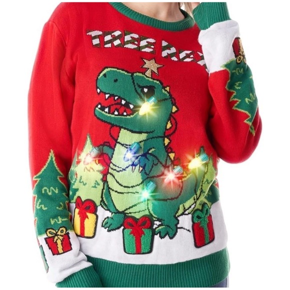 Ugly Christmas Sweater Sweaters - Giggling Getup L Ugly Christmas Sweater LED Light Up Christmas Dinosaur Tree Rex